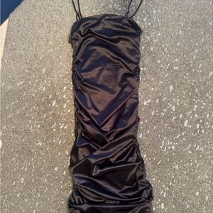 Forever 21 Black Satin Ruched Midi Dress